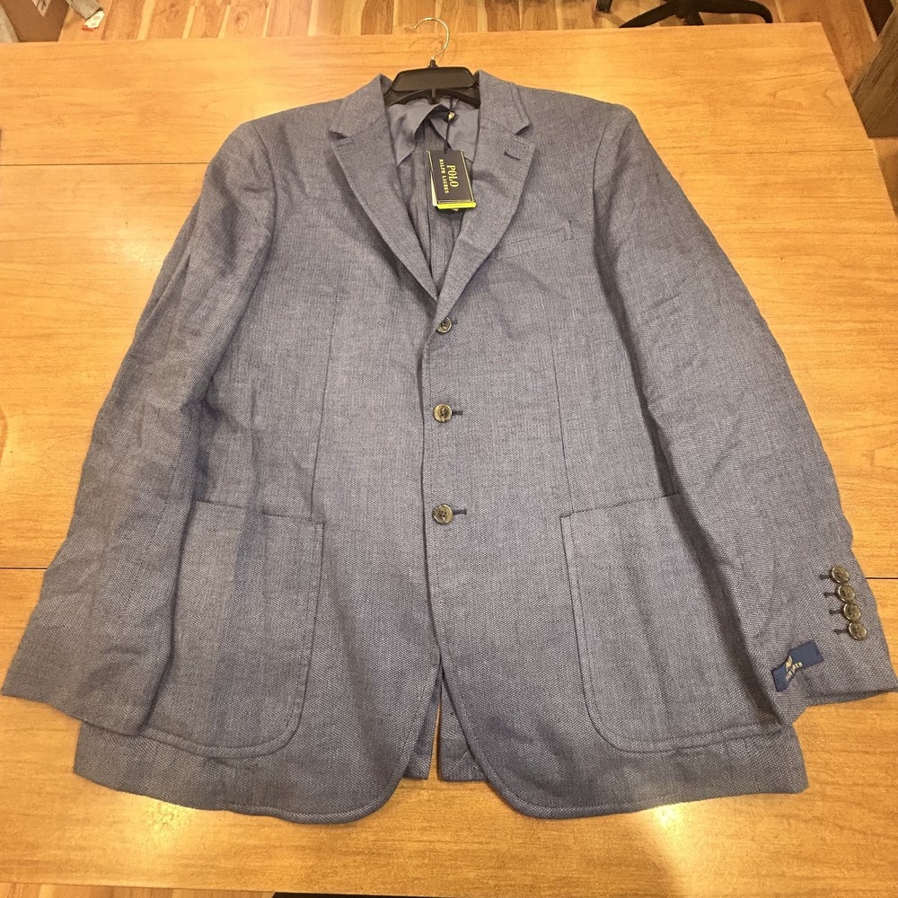 Polo Ralph Lauren Blazer Mens 42L Blue Linen Wool Modern Fit Sport Coat NWT